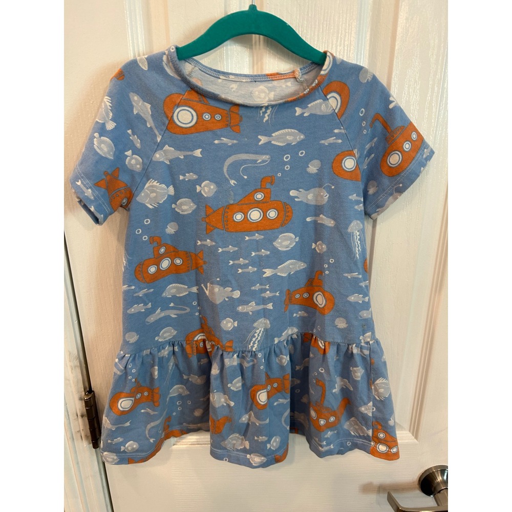 Winter Water Factory Dress Blue Submarine Sea Life Print Ruffle Hem Short Sleeve